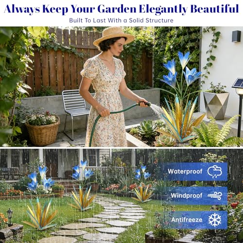 Image of TOMBABY 32.28 Inch Metal Agave Plant Outdoor Decoration Lily Mexican Yard Art Garden Gift Home Decor Hand Painted Metal Agave Garden Yard Statue (2pc, Blue)