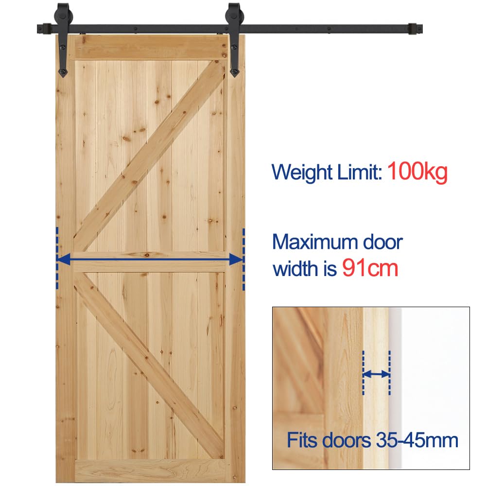 Binario per Porta Scorrevole Nero e Rustico Kit Accessori con Guida per Anta Singola in Legno Regolabile 6FT/183 cm
