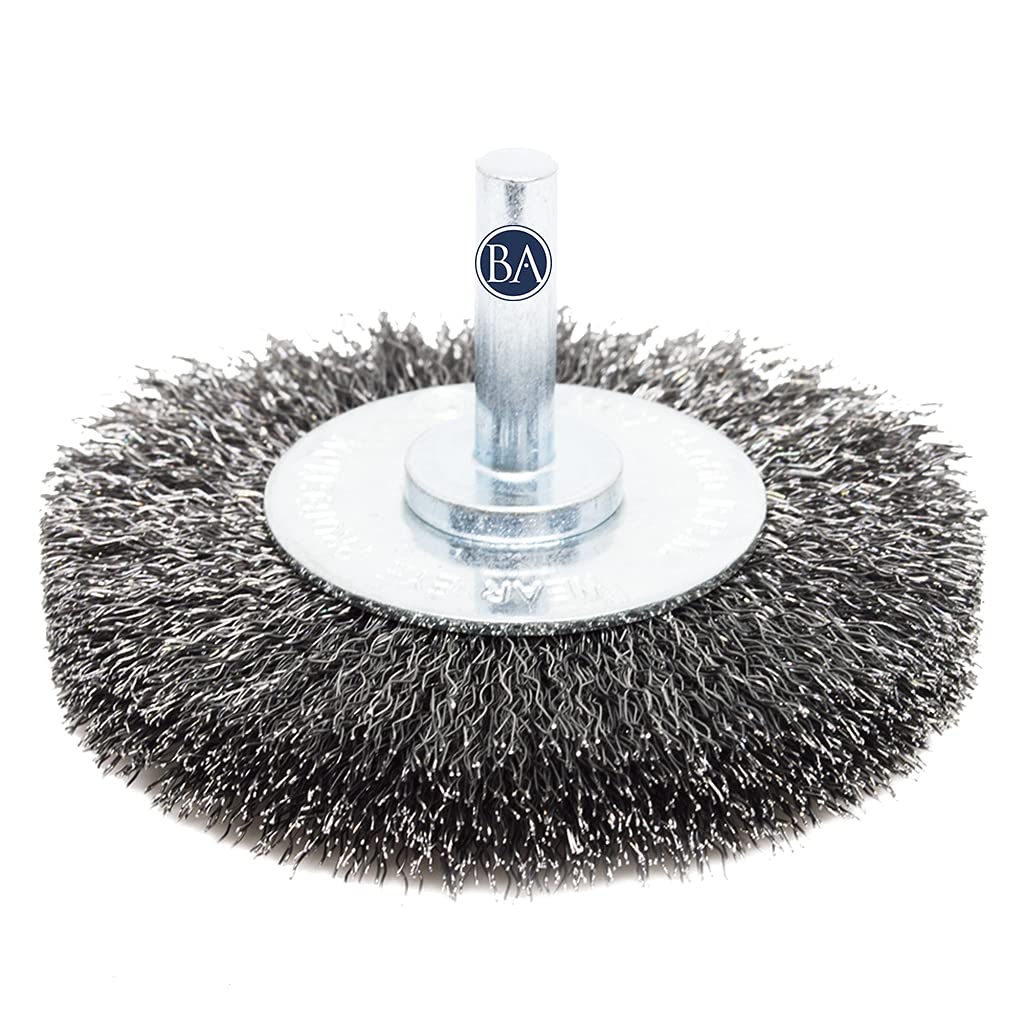 Benchmark Abrasives 3 Inch Grinder Mounted Crimped Wire Wheel for Drill with 1/4" Shank, Steel Brush for Rust Removal, Cleaning, Deburring on Cast Iron Holes Derusting Rotary Tools - Carbon Steel
