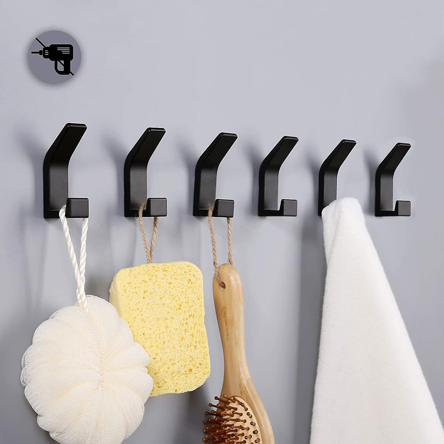 JOYHAPPST 6 Pieces Self Adhesive Hooks, Double Bathroom Towel Hook, Self Adhesive Wall Mount for Kitchen, Bathroom, Office, Closet, Aluminum, Black