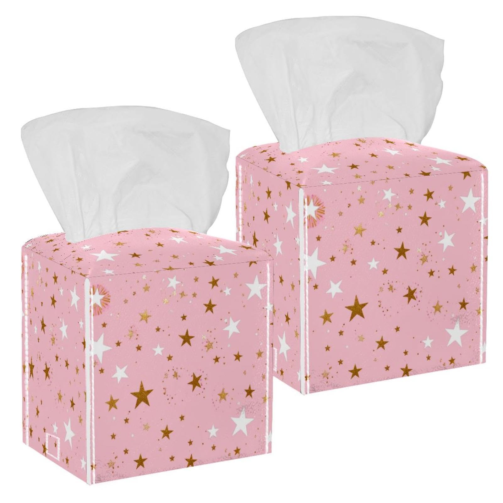 Artistic Stars Tissue Box Cover, 2 Pack PU Leather Square Facial Tissue Dispenser Box holder for Home Office Car