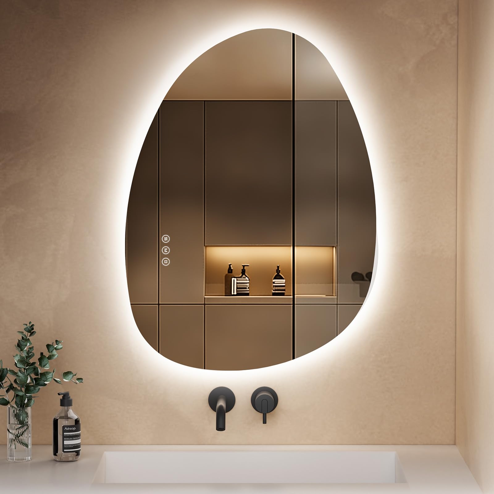 S'AFIELINA LED Bathroom Mirror with Lights, Anti-Fog & 3 Colour Temperatures, Asymmetric Dimmable Wall Mirror, IP44 Waterproof, Touch Control,Horizontal/Vertical (75x55cm)