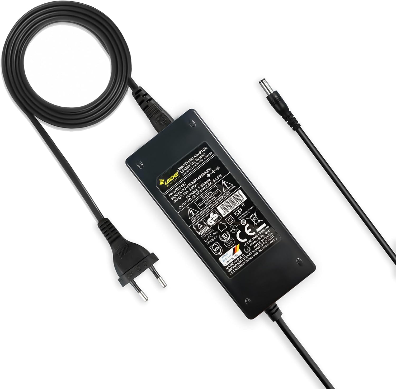 LEICKE 42V caricabatterie bici elettrica, certificato TÜV, adattatore AC per batterie agli ioni di litio da 36V, compatibile con scooter bilanciamento, bici iFold 20, XI300, Fiido D1, CMS F16 e-bike