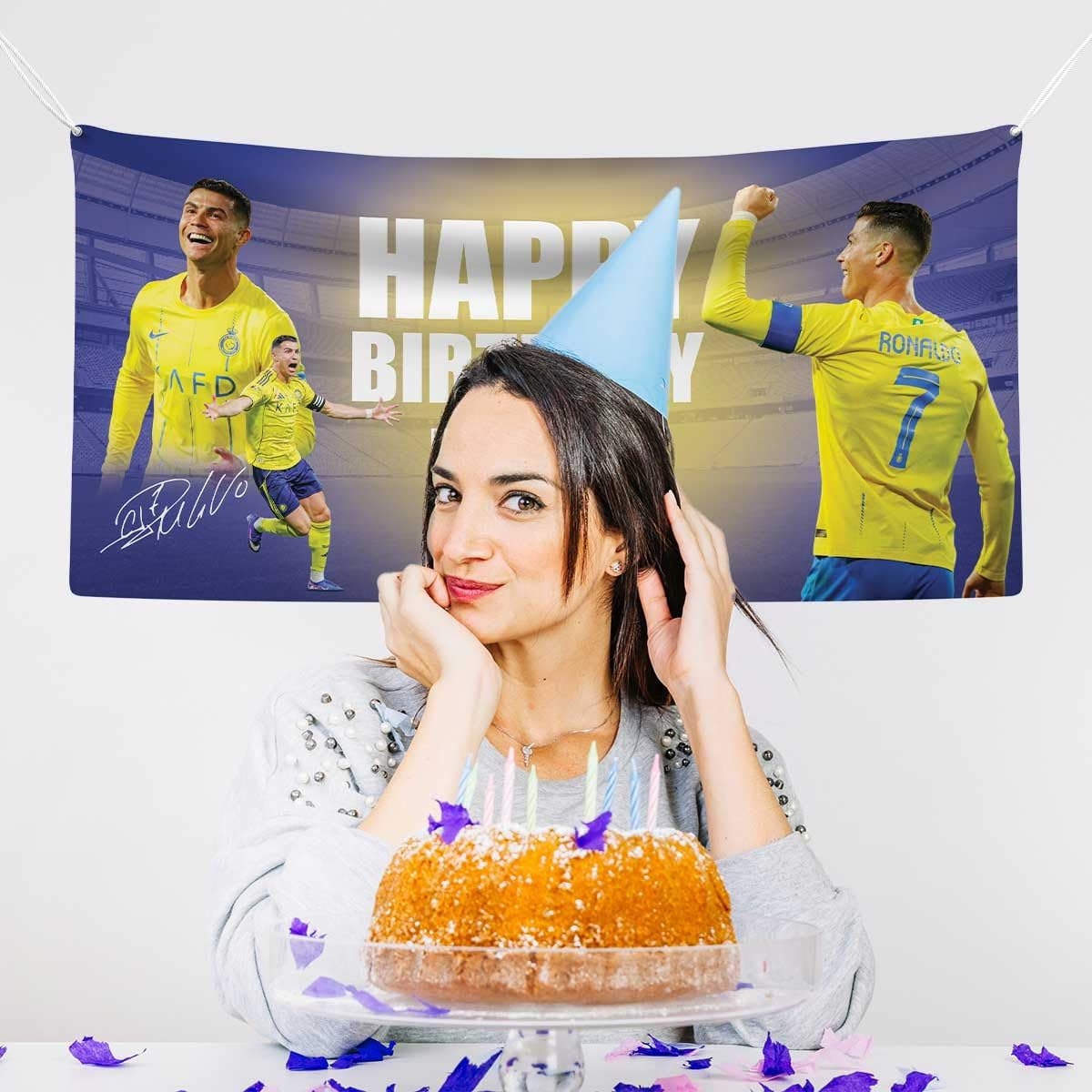 Personalized Cristiano Ronaldo Al Nassr Birthday Banner Custom Name Football Soccer Party Decoration CR7 Yellow Theme Backdrop Poster for Kids Boys Birthday Supplies