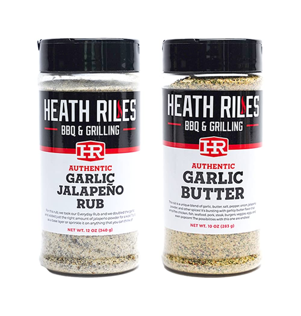 Heath Riles BBQ Garlic Bundle - Garlic Jalapeno & Garlic Buttler Rubs, Champion Pitmaster Recipe, Shaker Spice Mix, Includes 2 Count 10 oz shaker bottles