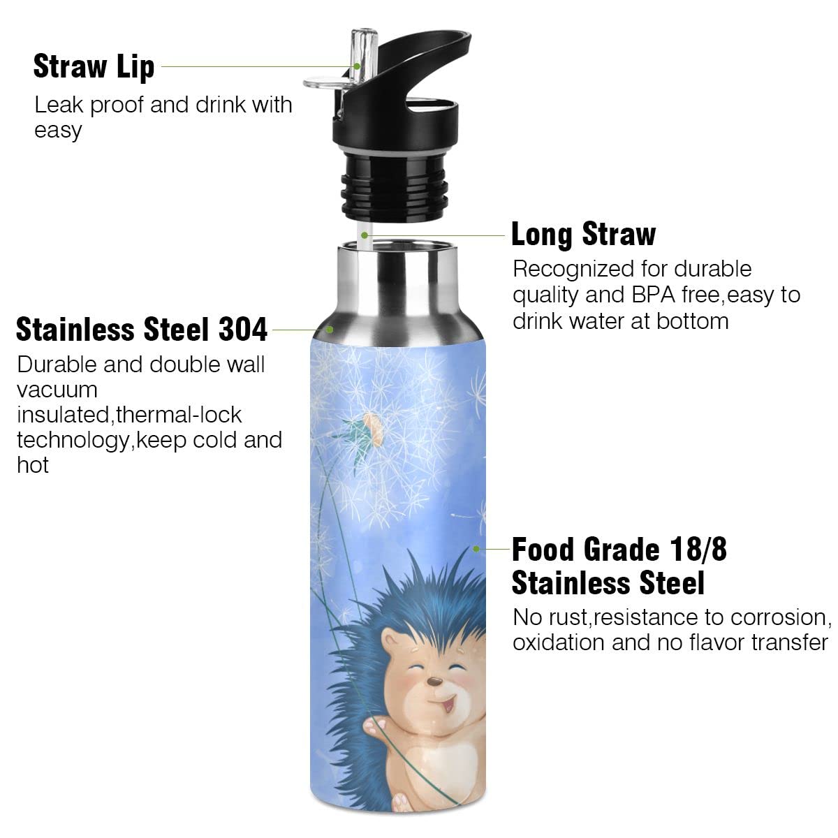Edelstahl Wasserflasche mit Strohhalm, Igel fröhlich isolierte Trinkflasche Sport Wasserflasche für Kinder Erwachsene, auslaufsicher, 1L