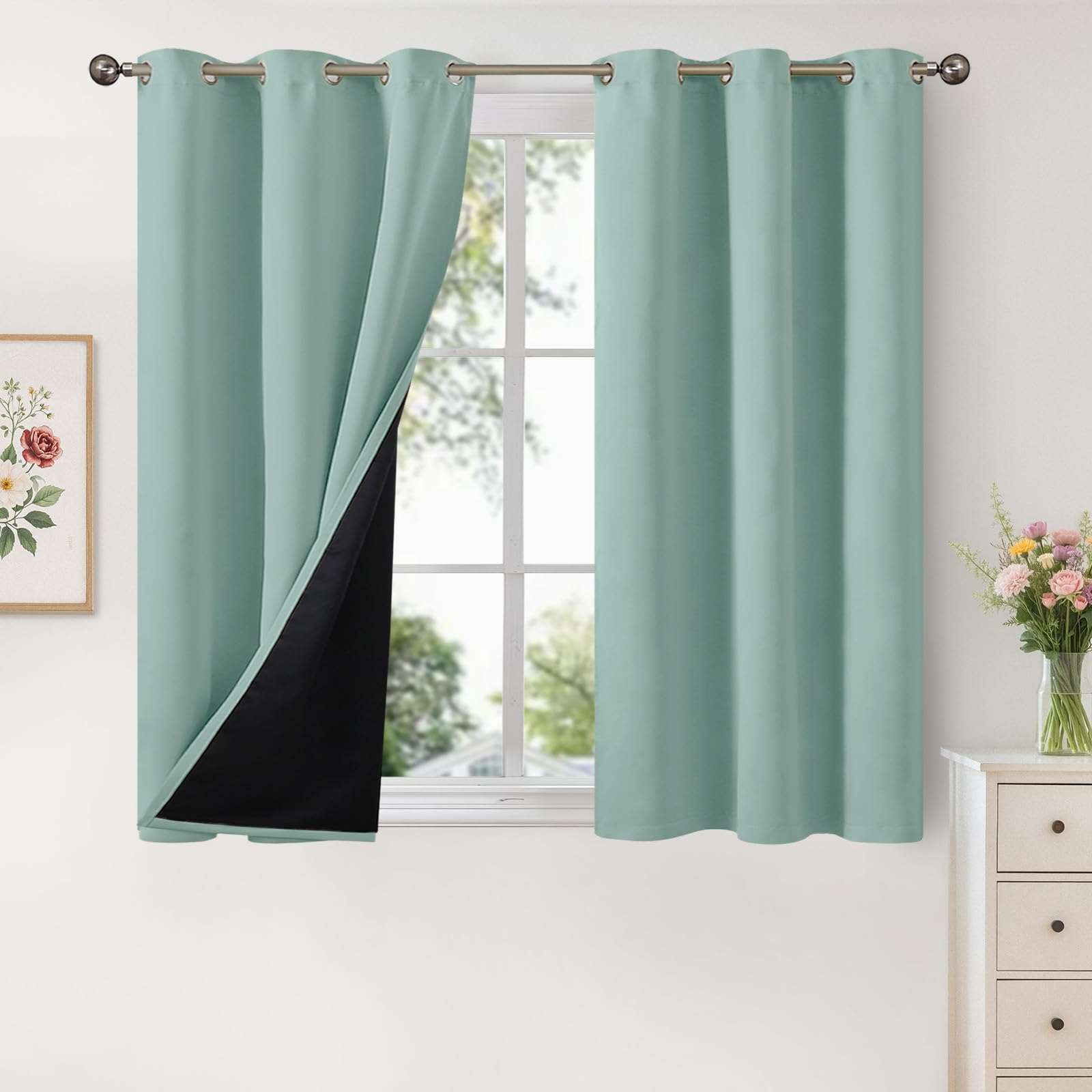 YoungsTex Short 100% Blackout Curtains 45 Inch Length for Bedroom Kitchen Window, Thermal Insulated Black Out Drapes with Grommet for Living Room,