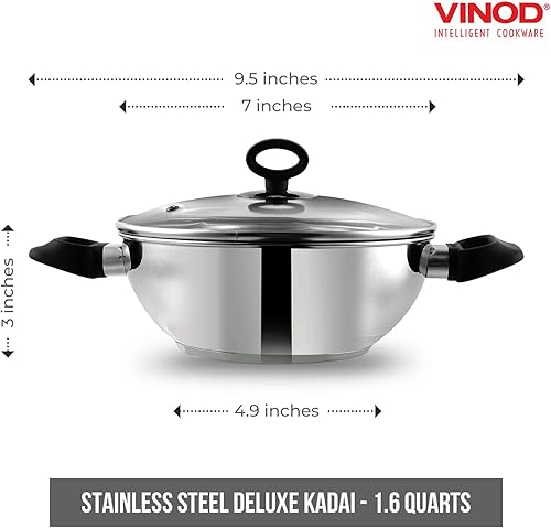 Miniatura 2 de Vinod Kadhai de acero inoxidable  Wok de lujo con tapa de vidrio  Apto para inducción  Fondo de sándwich  7.1 in de capacidad  1.6 litros  Tamaño