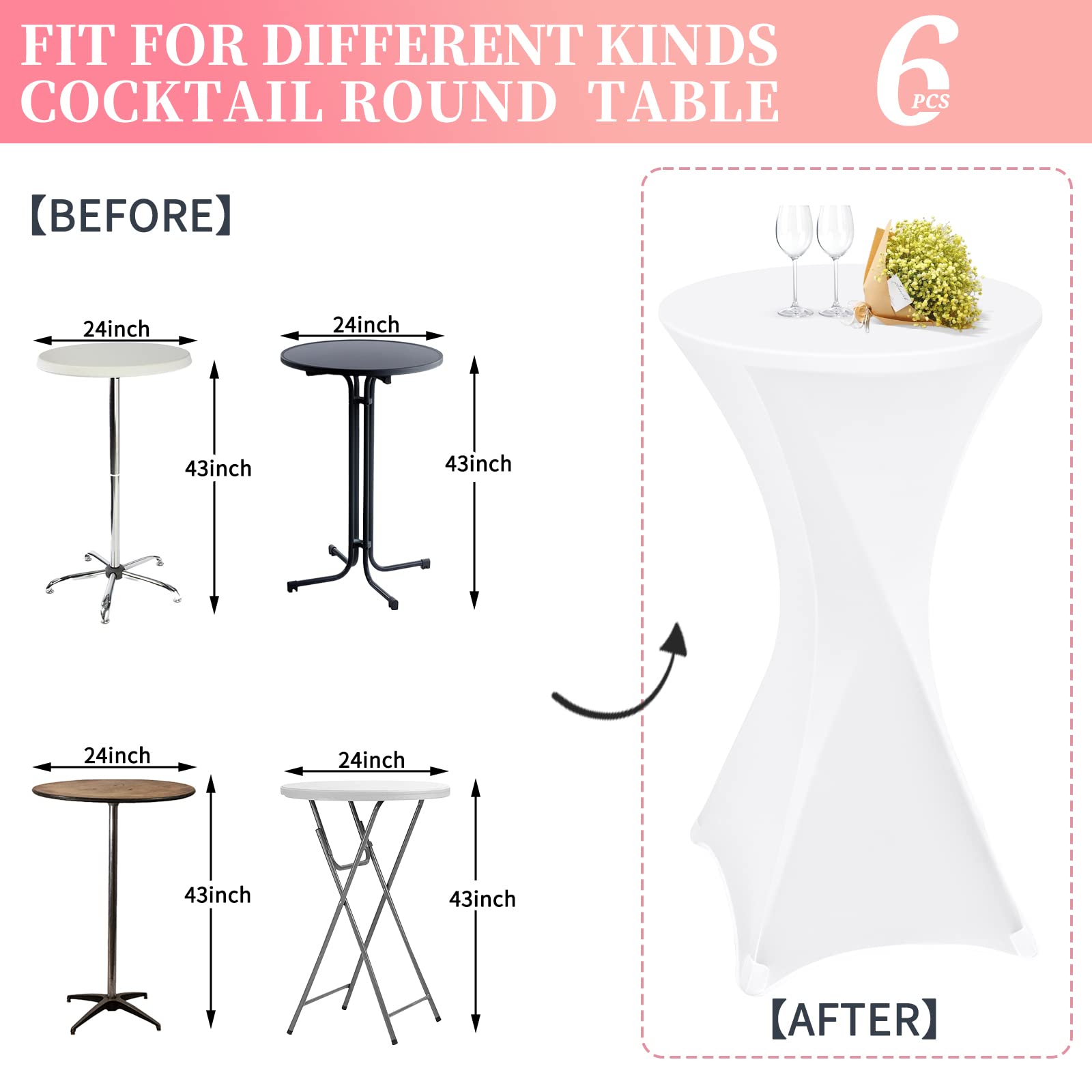 Teruntrue Lot de 6 nappes de Cocktail Rondes en élasthanne, 60 x 110 cm, Coins carrés ajustés, pour Tables Rondes ou fêtes de Mariage, Banquet, Anniversaire (Blanc)