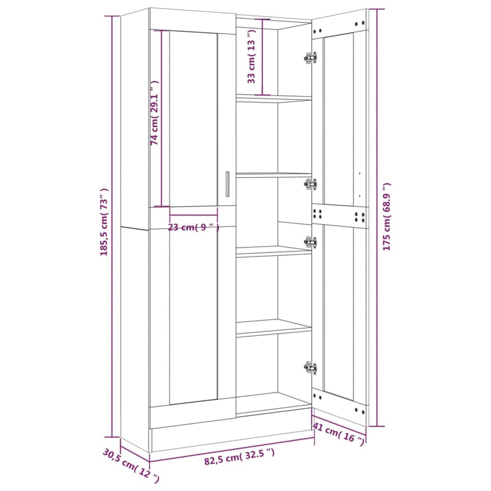 Gecheer Vitrina Salón Aparador de Cocina Armario de Almacenaje Estantería Librería Alta Con 2 Puertas de Vidrio Multiuso, Gris Sonoma 82,5x30,5x185,5 cm