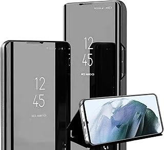 جراب حماية رفيع قابل للطي بتقنية كلير فيو وبتصميم كتاب عاكس من البولي يوريثين المقاوم للحرارة لمقاومة الصدمات والخدوش والحماية الكاملة مع مسند لموبايل سامسونج جالاكسي S21 الترا 6.8 بوصة- اسود