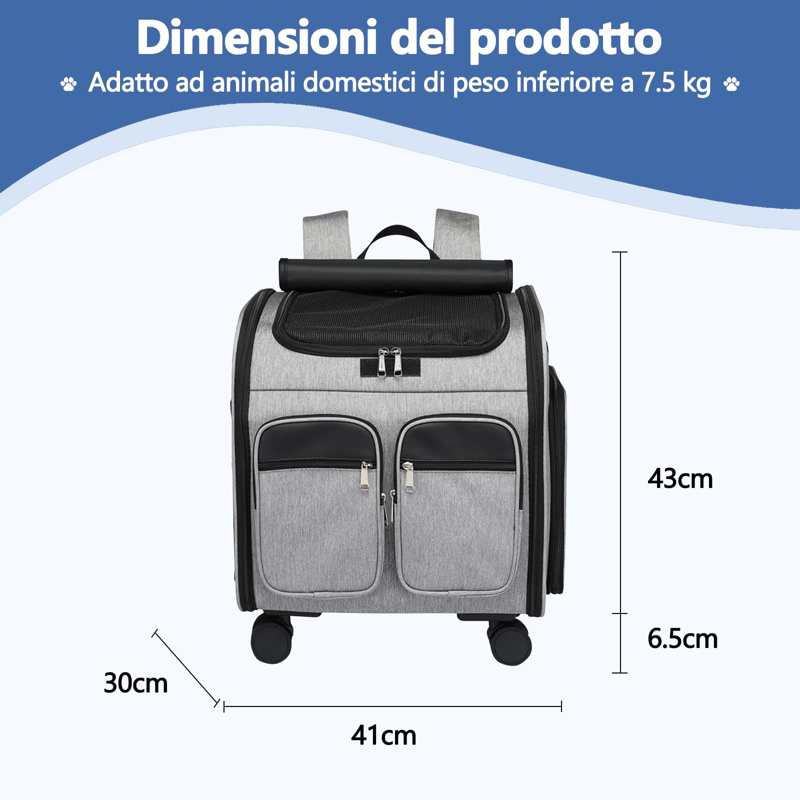 Galatée Zaino Per Cani Con Ruote Removibili, Borsa Da Viaggio Per Cani Approvata Dalle Compagnie Aeree, Passeggino Pieghevole Per Animali Domestici Con Finestre Di Ventilazione In Rete(Grigio)