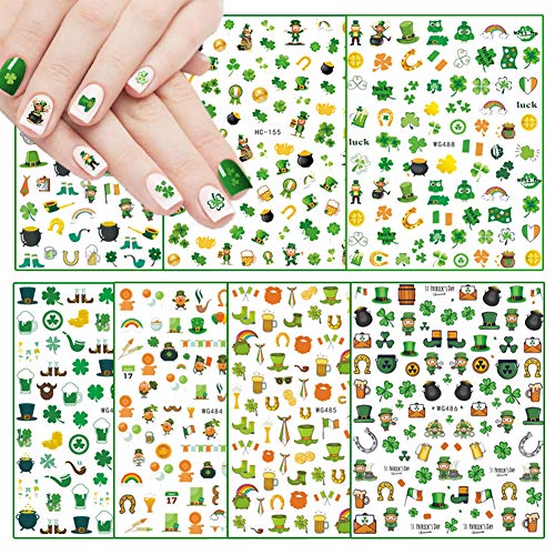 St. Patrick's Day Self-Adhesive Nail Art Stickers Decals Shamrocks Nail Stickers for Nail Supply Clover Leprechaun Dragon Luck of The Irish Nail Decals for Acrylic Nail Art DIY Decorations (7 Sheets)