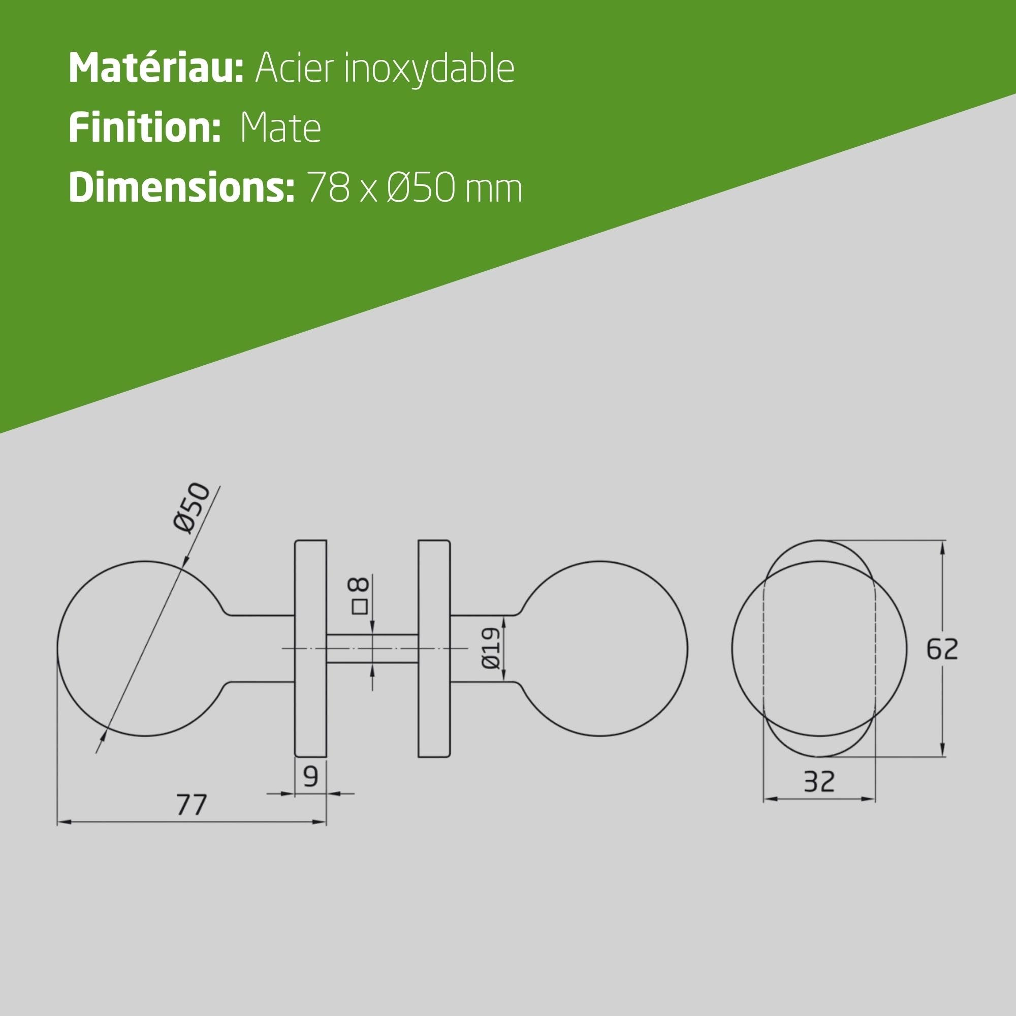Amig - Jeu de boutons pivotants pour porte Mod. 11ALGR | ø62 x 77 mm | Avec garniture de rosette | Poignée ergonomique | Vis anti-vol | Sans ressort | Acier inoxydable 18/8 mat