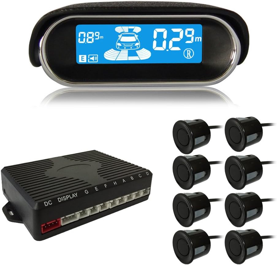 BeneGlow Dual-core Front and Rear LCD Display Car Vehicle Reverse Backup Radar System with Parking Sensors (8 Black Sensors)