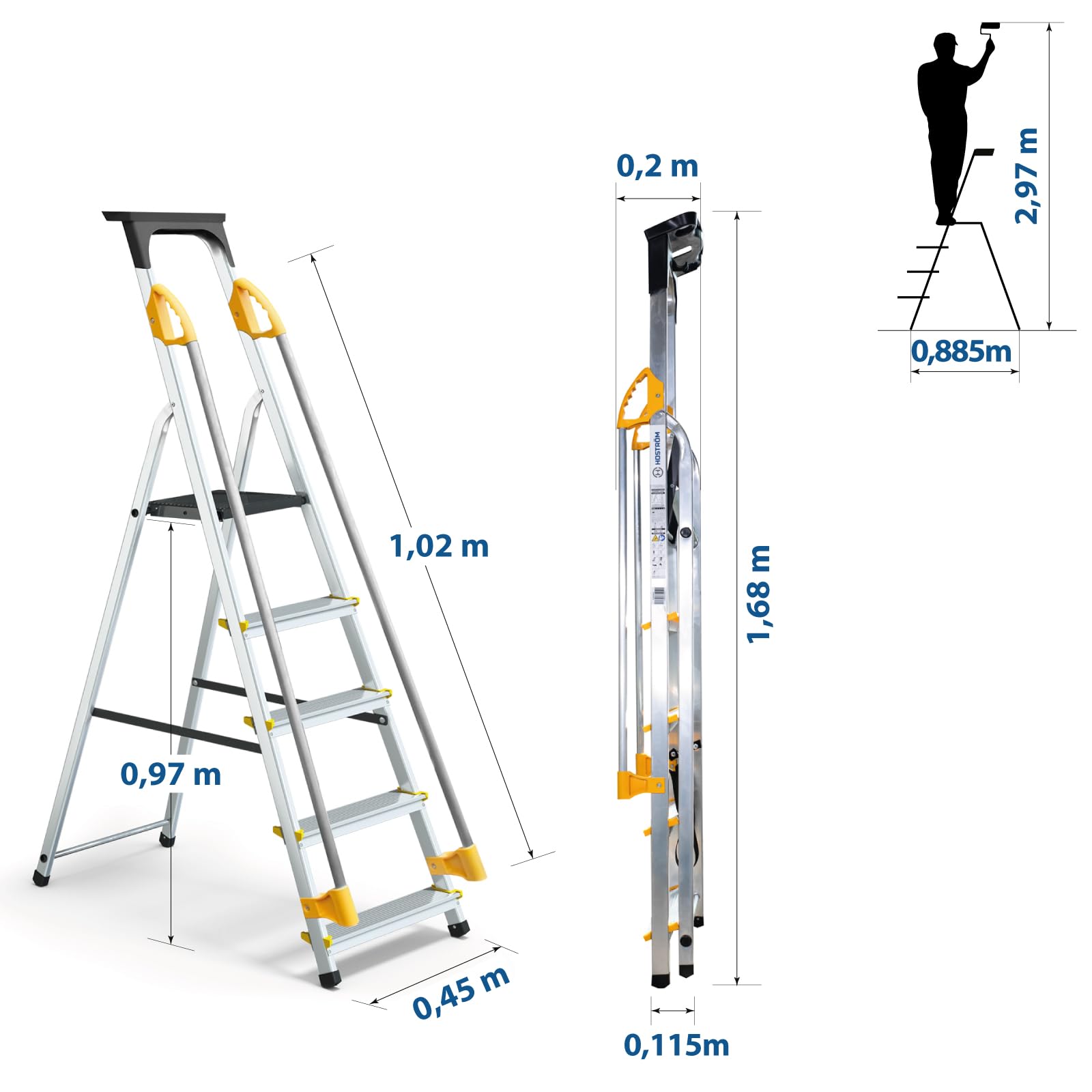 HOSTRÖM Escalera de 5 peldaños DURAMP con rampas de Seguridad y Estante portaherramientas, Ligera y Plegable, Altura de Plataforma 97 cm, garantía de 5 años.