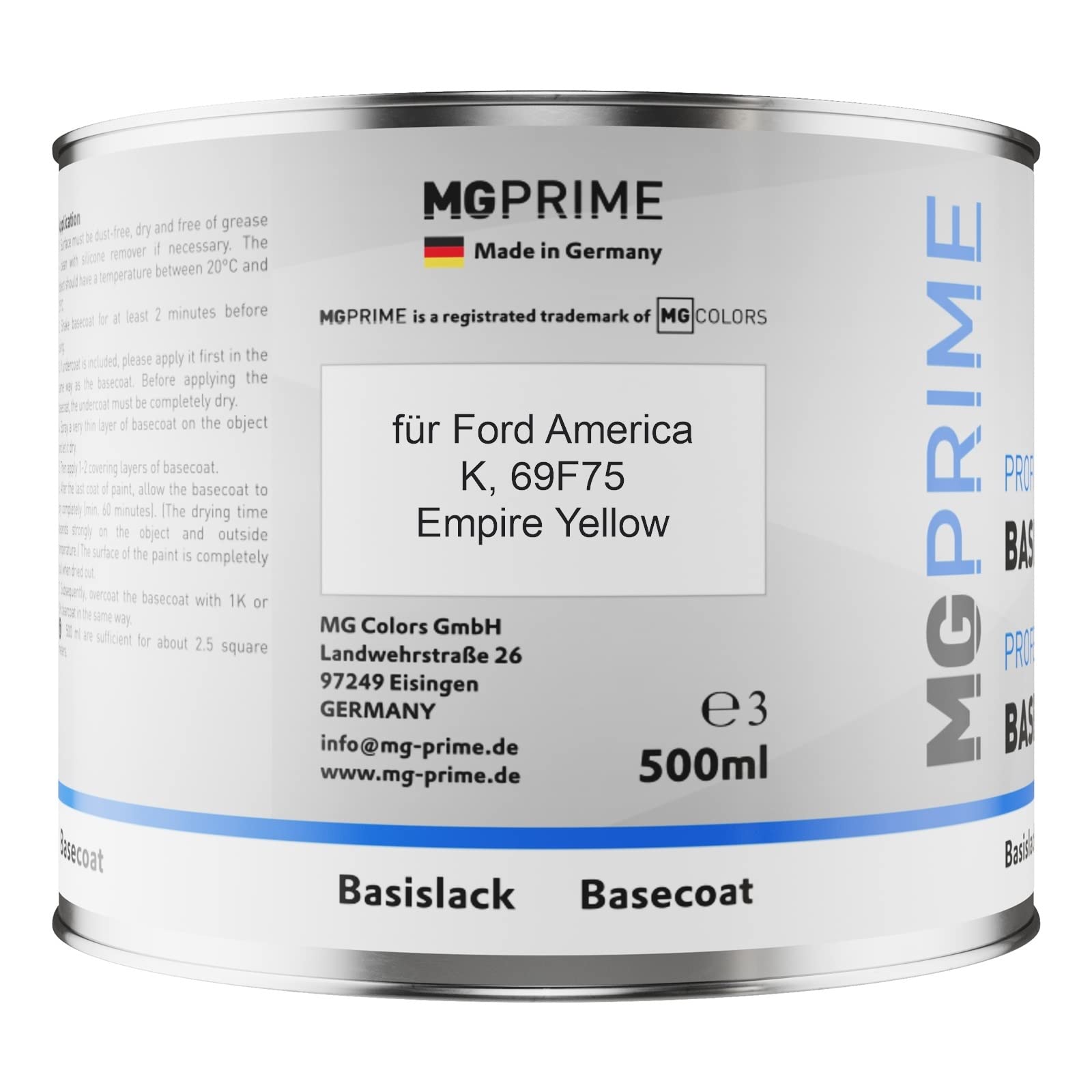 MG PRIME Autolack Dosen Set für Ford America K / 69F75 Empire Yellow 1,25L | Set aus Basislack + 2K Klarlack + Härter, Literware, spritzfertig