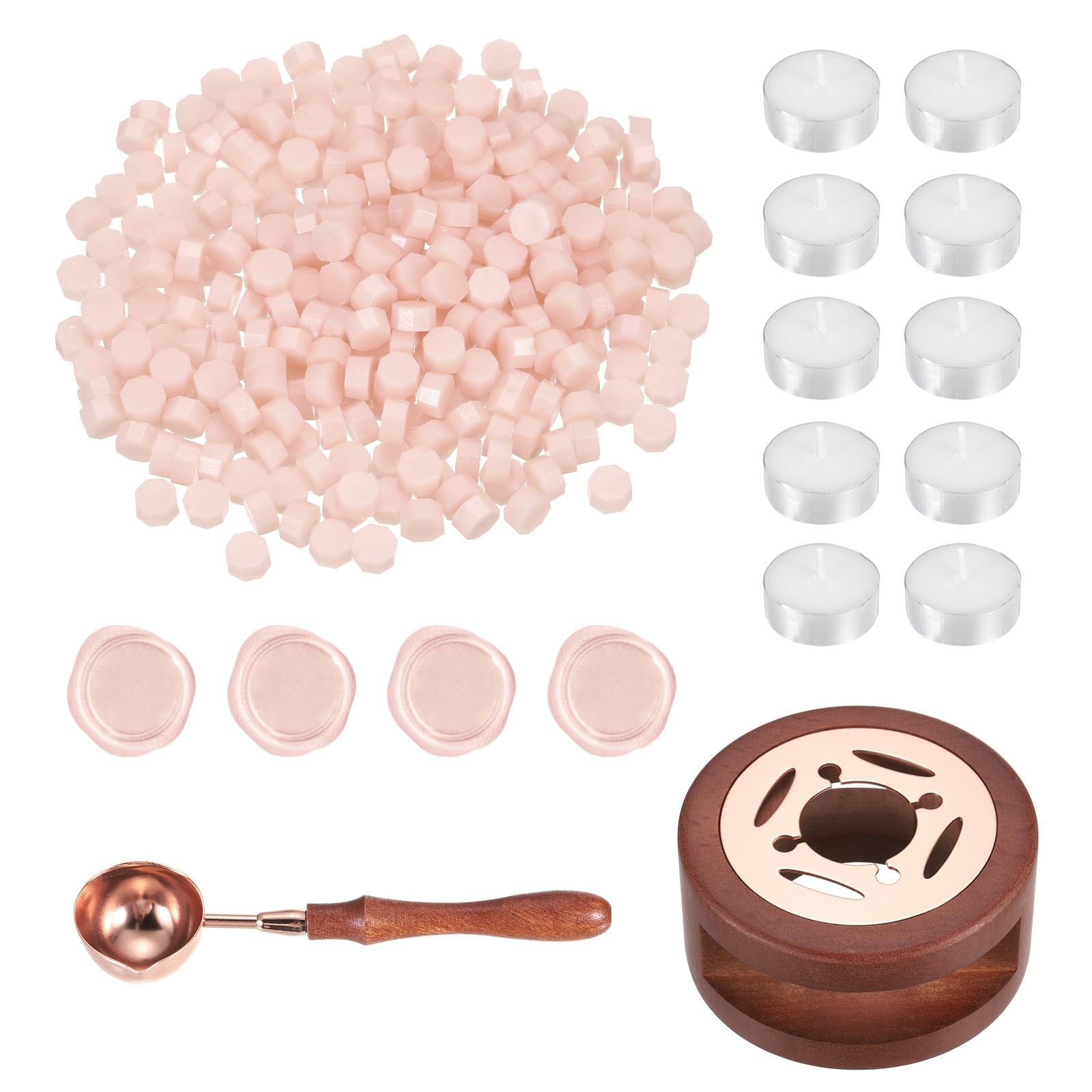 PATIKIL Wax Seal Kit, 300 Pcs Wax Sealing Beads, Wooden Warmer, Melted Spoon, 10 Pcs Tealight Candles for Envelope Letter Mailing Crafts DIY, Clear Red