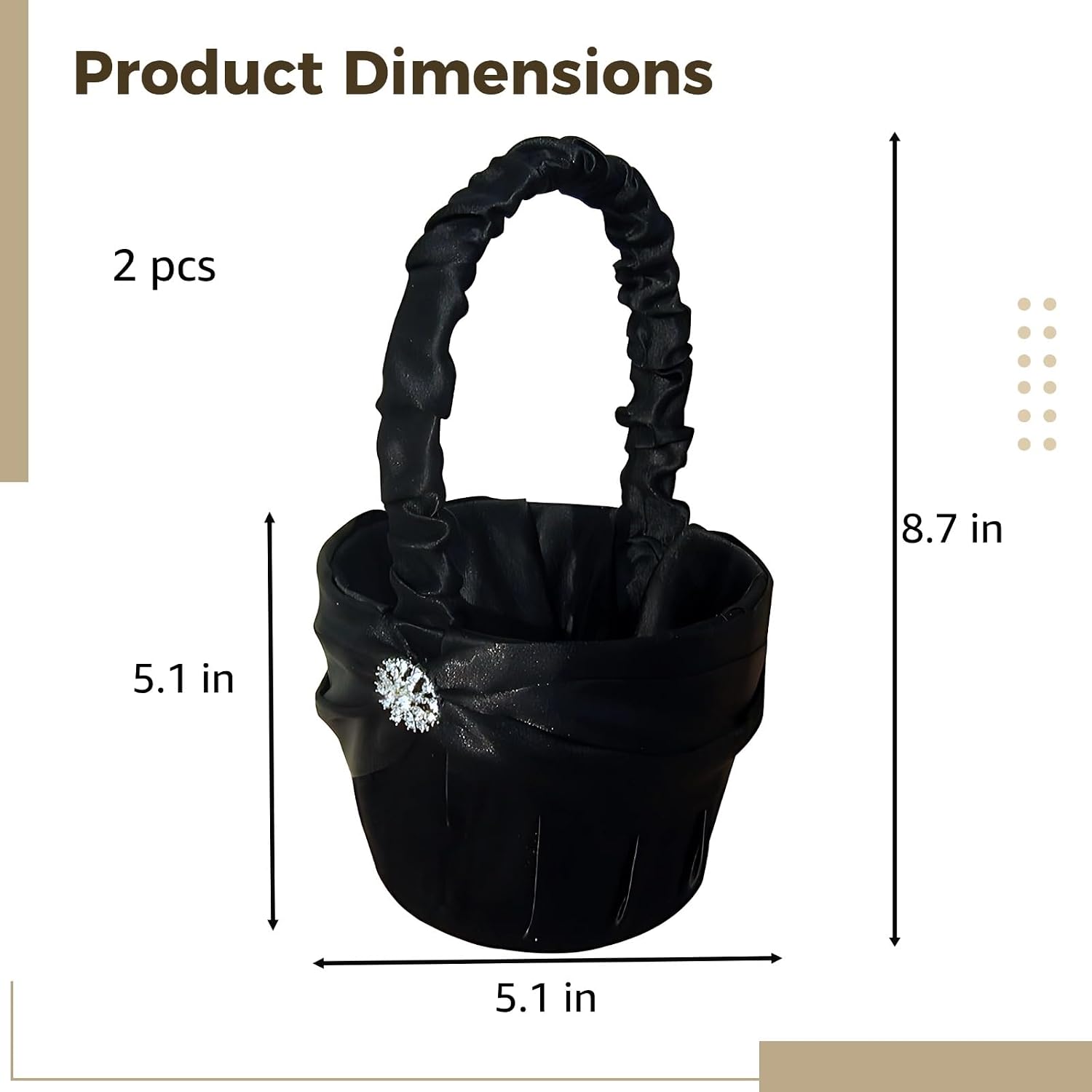 2 Pcs Black Flower Attendant Basket Set, 5.1 x 5.1 x 8.7 in, with Rhinestone and Snowflake Embellishments, Elegant Wedding Flower Basket for Ceremony Decorations