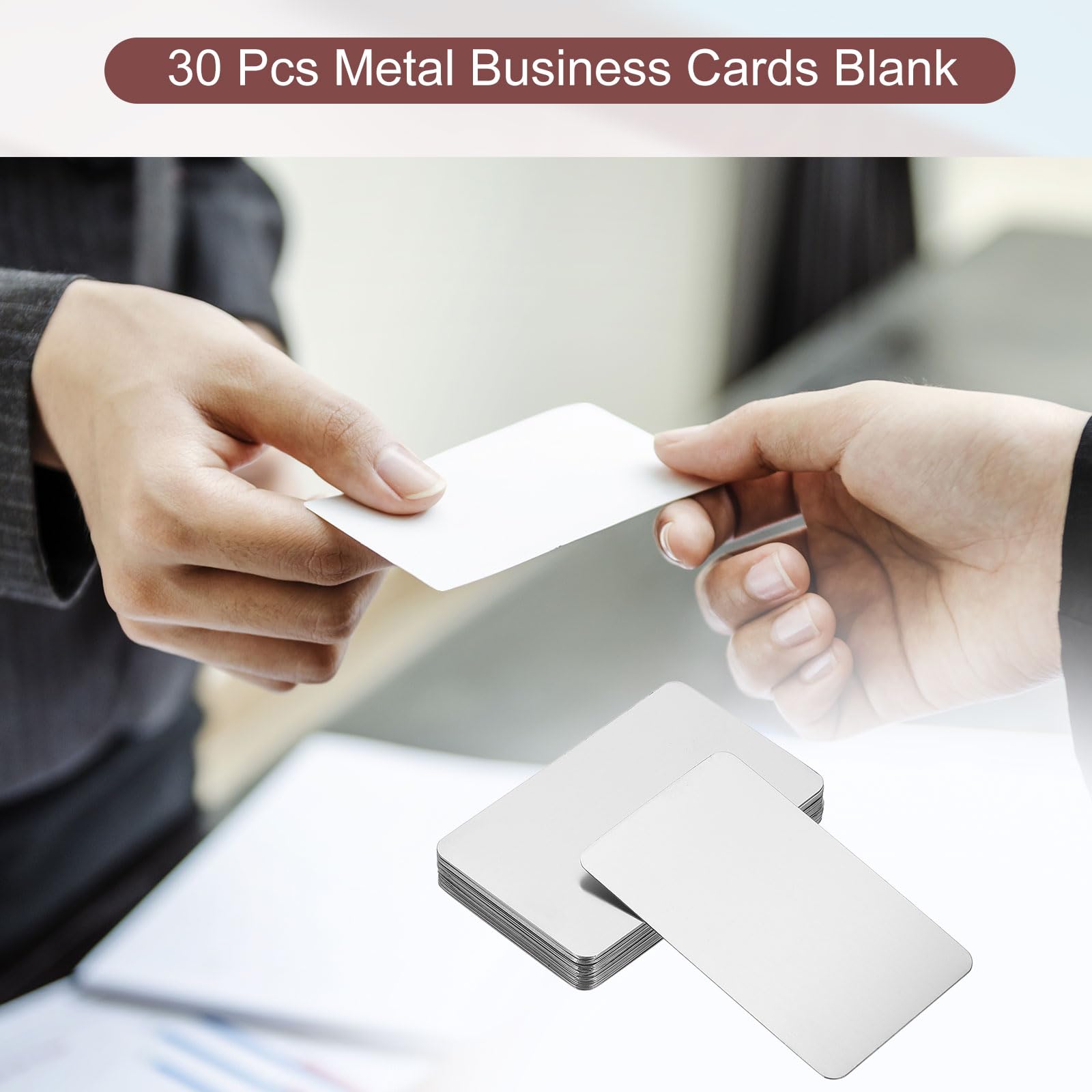 PATIKIL Tarjetas de visita de metal de acero inoxidable de 0,5 mm, paquete de 30 tarjetas de nombre en blanco con grabado láser para tarjetas de regalo, color plateado
