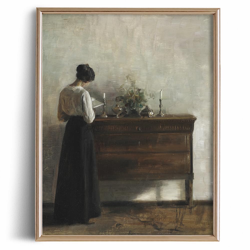 Farmhouse Portrait Picture Living Room 11 x 14 Art Print - Rustic Vintage Decor for Bedroom - Women Girl Lady Reading Portrait Moody Muted Oil Painting - Art Deco Wall Art for - Antique French Poster