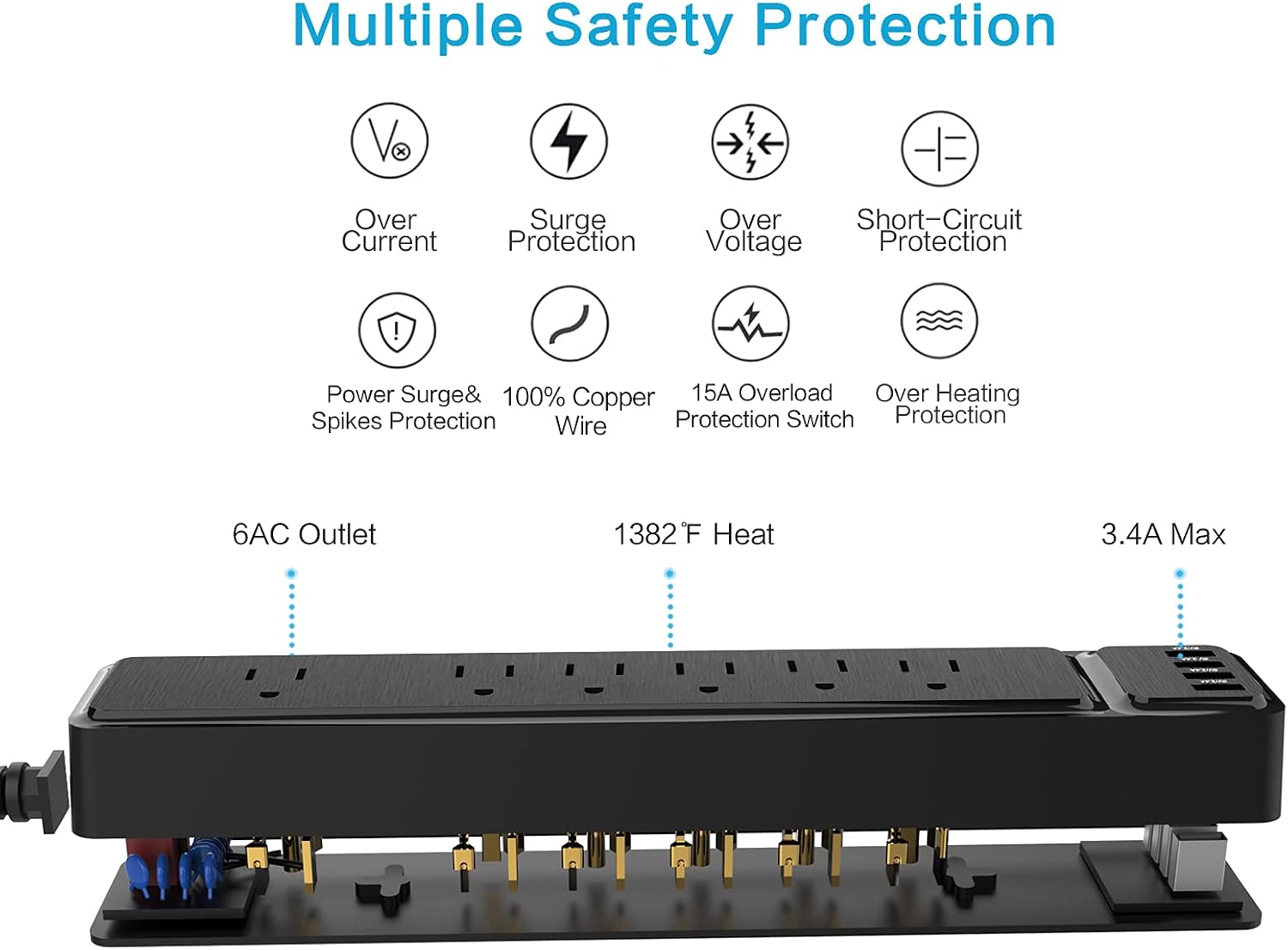 Power Strip, Surge Protector with 6 Outlets & 4 USB Charging Ports, 1250W/10A, Angled Flat Plug, Spaced Outlets & ETL Listed Power Outlet for Home Office (10ft, Black)