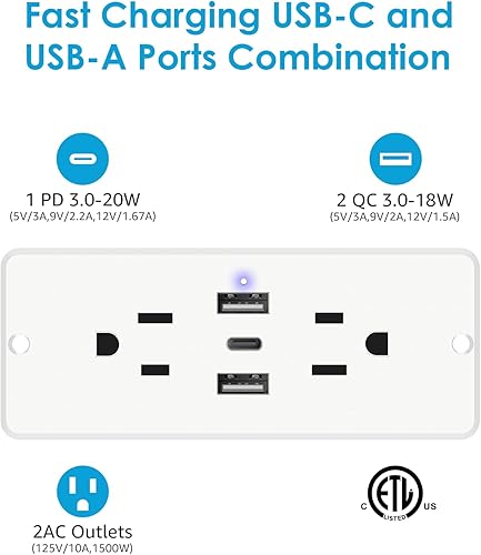 Miniatura 9 de HHSOET Regleta de alimentación de carga rápida de 20 W con USB-C, 2 enchufes de CA, 2 puertos USB, cable de alimentación de 10 pies, color negro