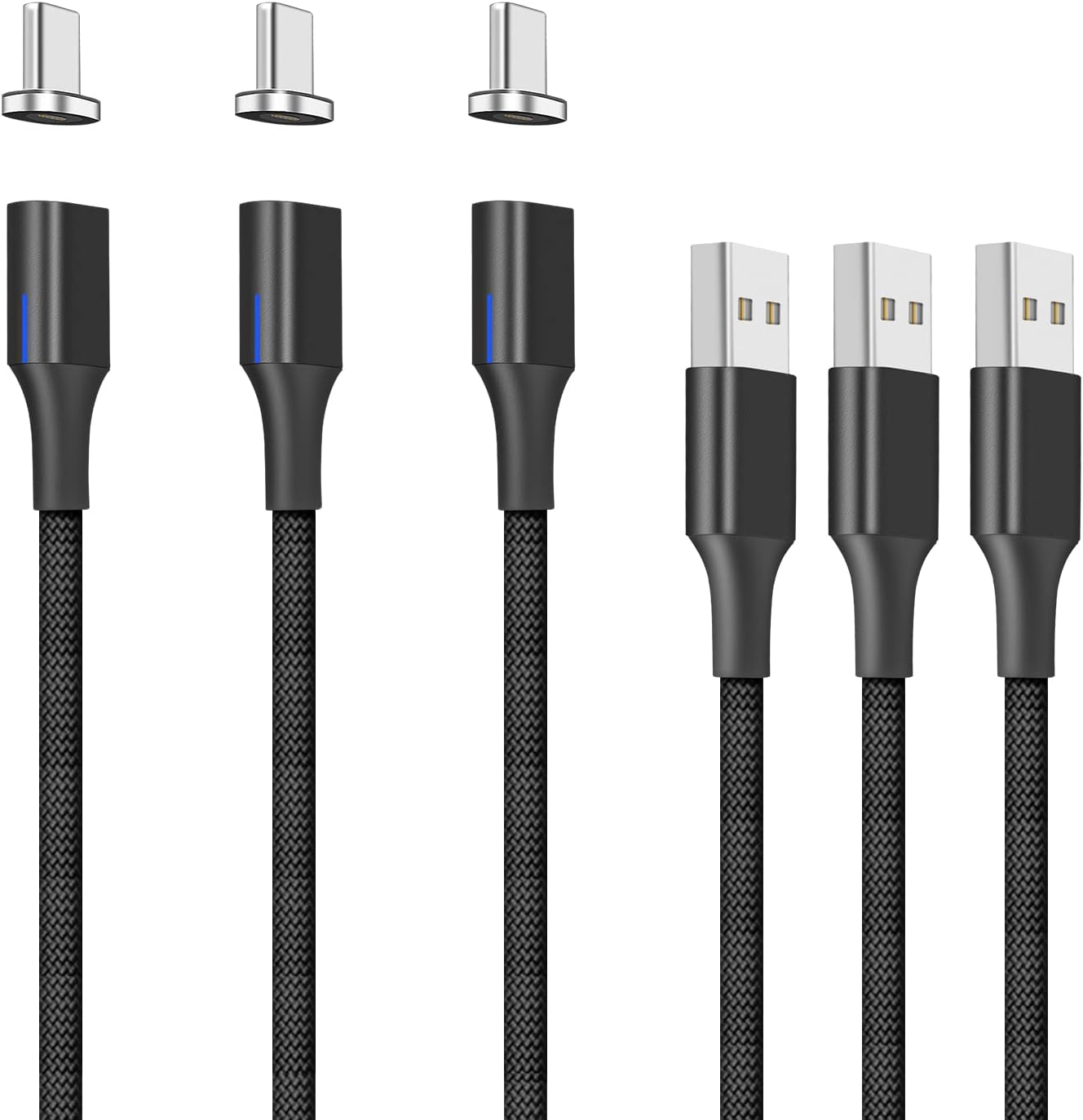 NetDot Gen10 USB-C Nylon Braided Magnetic Fast Charging Cable with Side LED compatible with Type-c Device(1.5m/3 pack black)