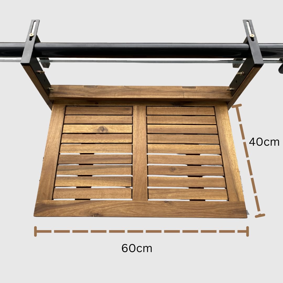CLICK-DECK Acacia Opklapbare balkontafel van hardhout - 60 cm x 40 cm, in hoogte verstelbaar, tuin, buiten, terras, zomer, opvouwbaar, barbecue, volledig gemonteerd, hangende reling, dineren
