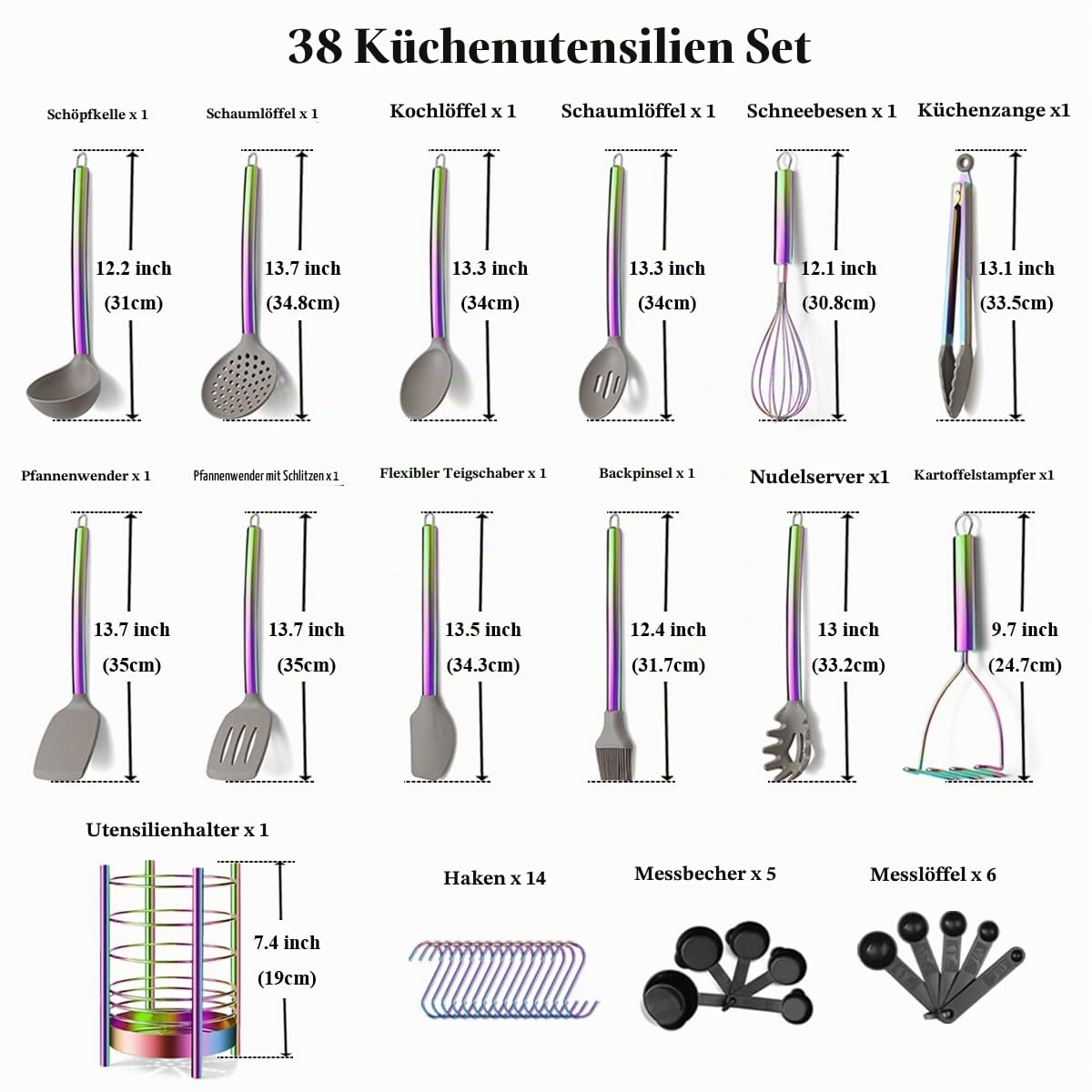 38 Teiliges Silikon-Kochgeschirr-Set mit Utensilien-Töpfen, Silikonkopf und Edelstahlgriff Kochgeschirr, Küchenhelfer, Antihaft-Küchenhelfer, Spülmaschinenfest (Regenbogen)