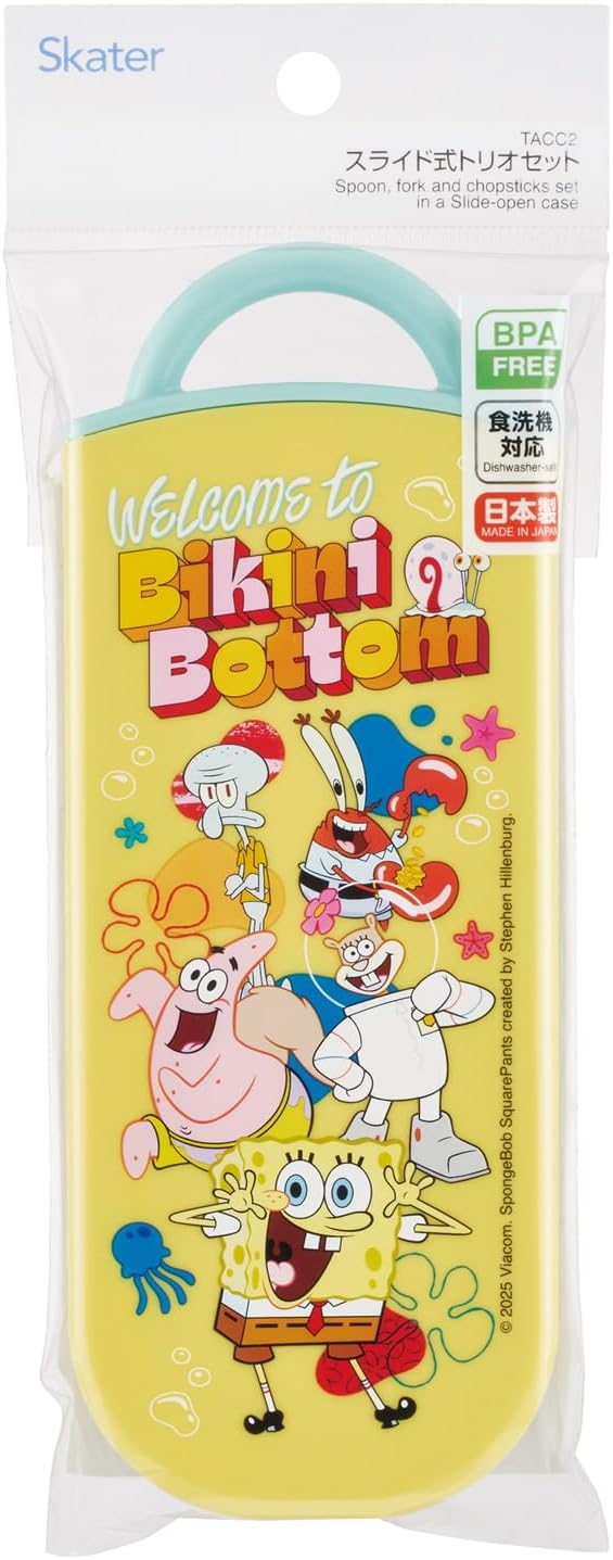 Skater TACC2-A Children's Trio Set of Chopsticks, Spoon, Fork, 6.5 inches (16.5 cm), SpongeBob, Boys, Girls,