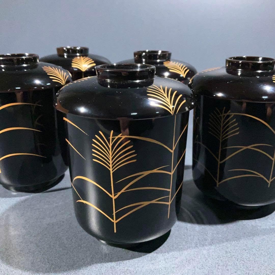 ほぼ 懐石道具 平安象彦 木製黒真塗 箸洗 小吸物椀 5客揃 底印 共箱 象