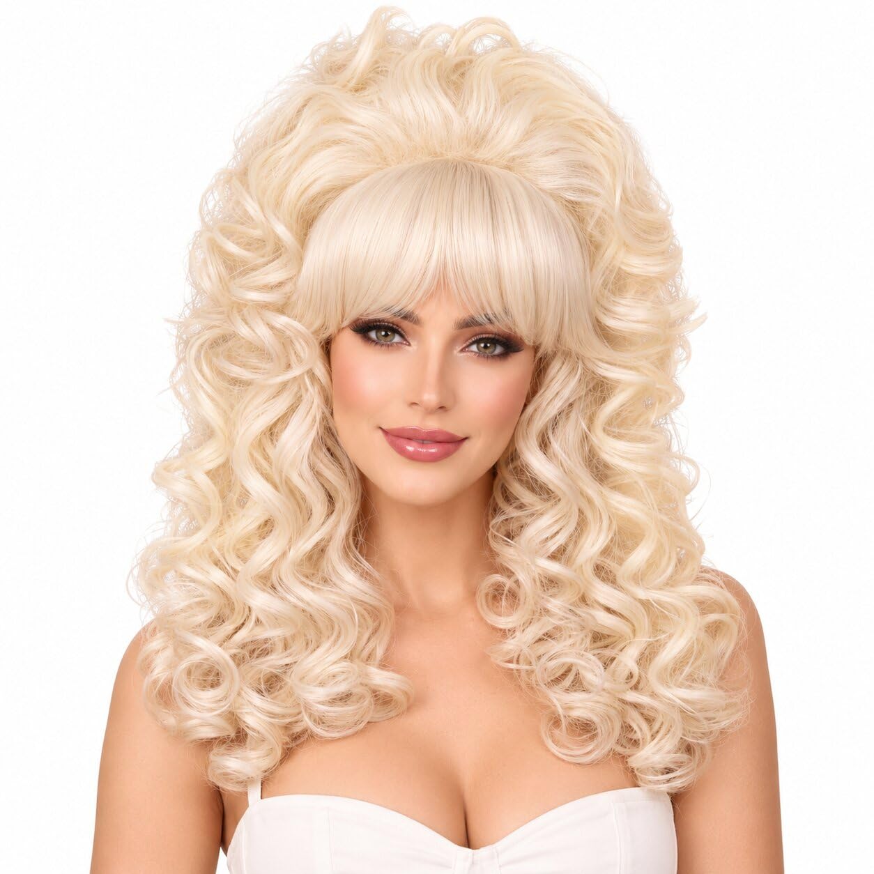 Photo 1 of FantaLook Blonde Long Curly Wig with Bangs, Vintage Costume Wig for Women