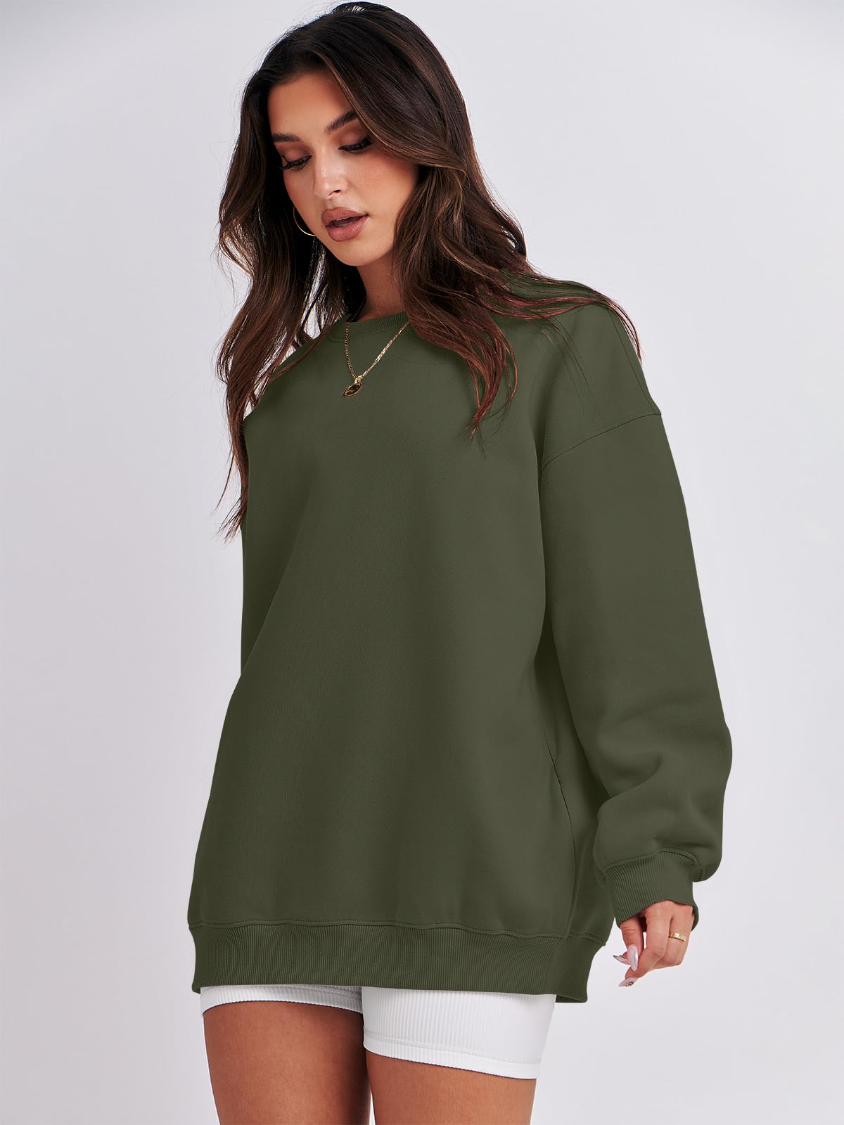 Damskie bluzy oversize bluzy z kapturem polar okrągły dekolt sweter top codzienne jesienne stroje preppy ubrania nastolatki 2024 A1019 światło, Jeden kolor, Army Green_XL