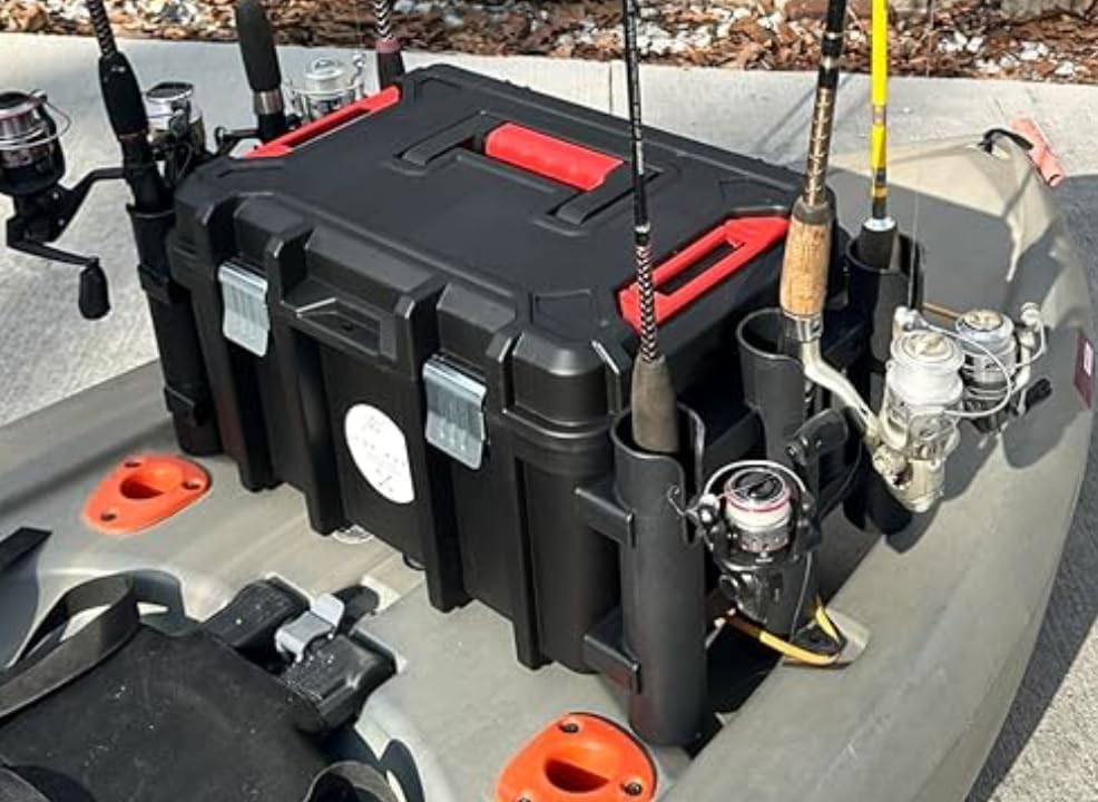 Maximize Adventure Kayak Fishing Crate - 6 Integrated Rod Pole Holders, Tackle Box Accessory Storage Area and Tray with Lockable Lid