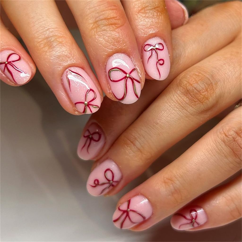 24Pcs Almond Fake Nails Artificial Nails False Nails Glues On Nails Valentine Designs French Nails Tips