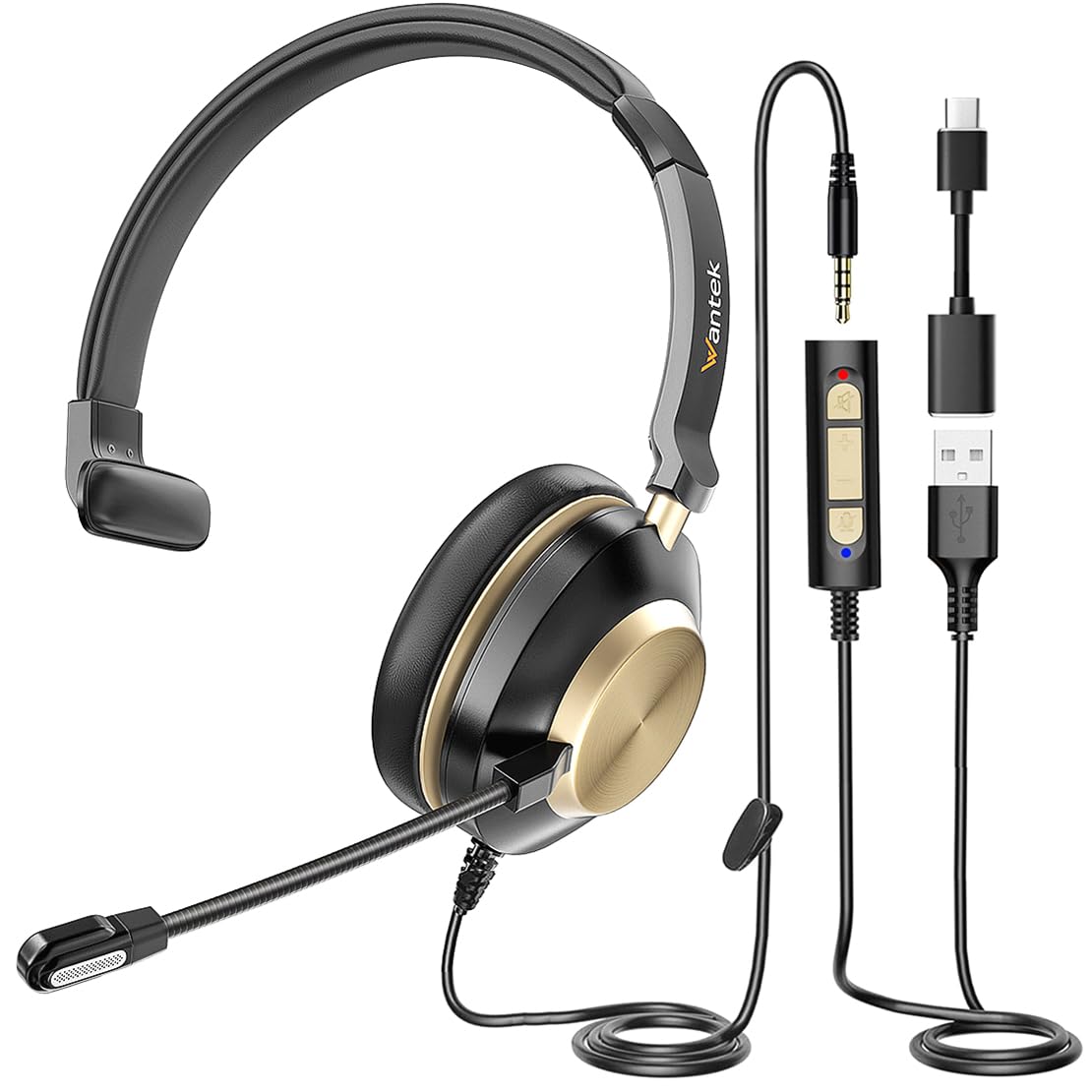 Wantek Cuffie cablate per PC/laptop, cuffie stereo con microfono a cancellazione del rumore, cuffie per computer cablate USB-A/USB-C/3,5 mm, controlli in linea