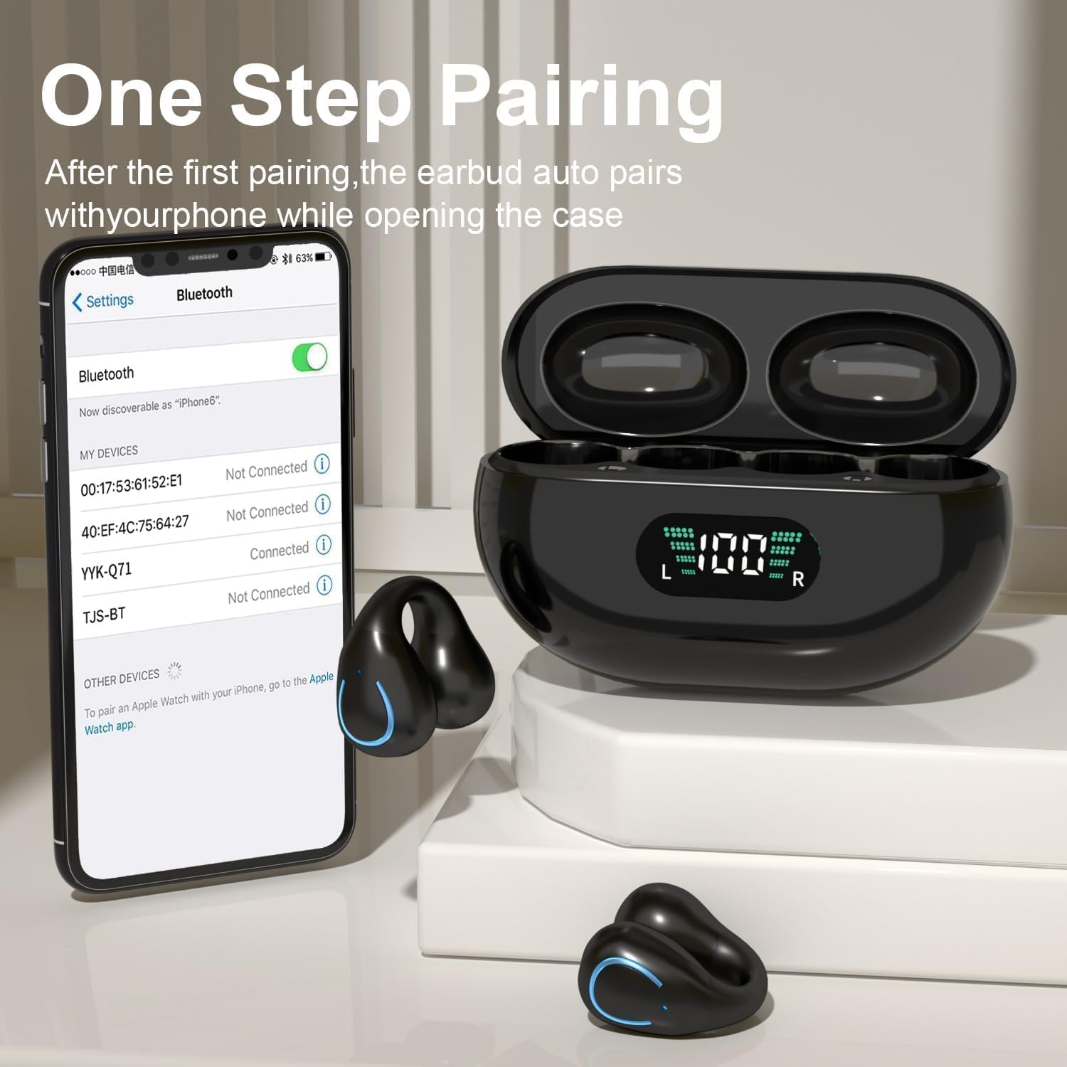 Open Ear Bone Conduction Headphones Bluetooth 5.3 Wireless Clip On Earbuds with Digital Display Charging Case 60 Hours Playtime Sport Earphones Built-in Mic IPX7Waterproof for Running Fitness Exercise
