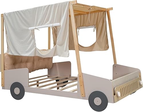 Miniatura 86 de Cama de plataforma clásica en forma de automóvil con ruedas, cama de automóvil de tamaño matrimonial con soporte de listones de madera, marco de