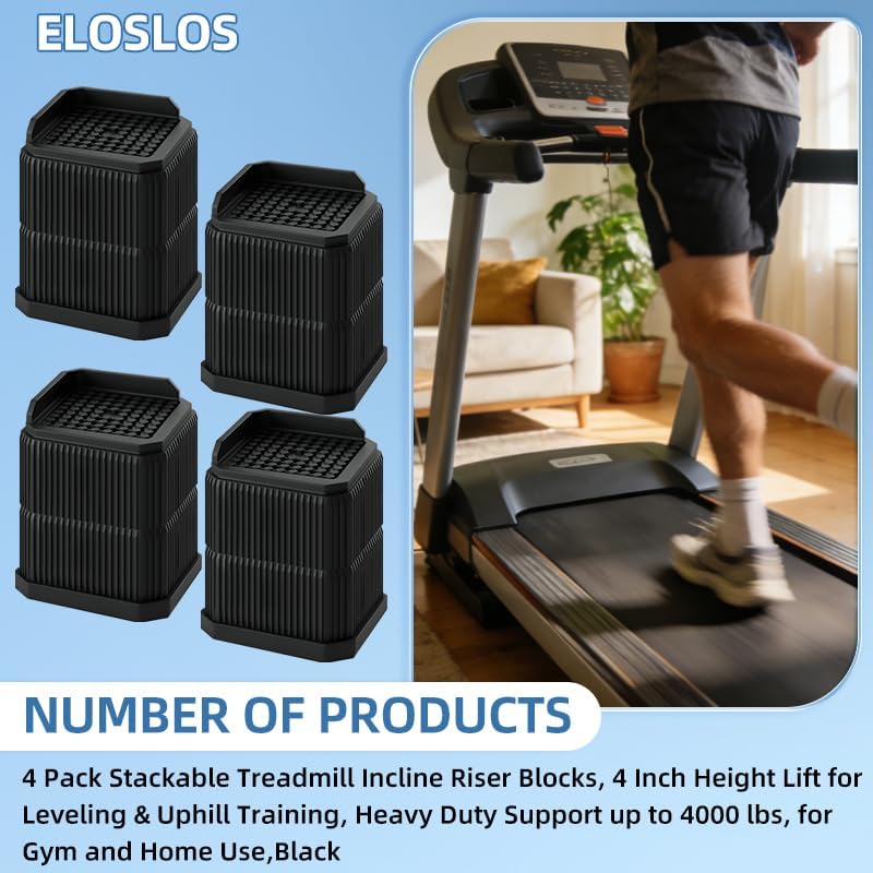 4 Pack Stackable Treadmill Incline Riser Blocks, Height Lift for Leveling & Uphill Training, Heavy Duty Support up to 4000 lbs, for Gym and Home Use