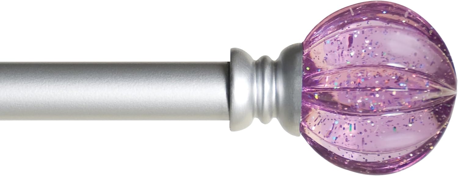 Kenney – Estrella Curtain Rod, Durable Steel with Purple Sparkle Fluted Acrylic Ends, 5/8" Diameter, Adjustable 48–86", Brushed Nickel Finish