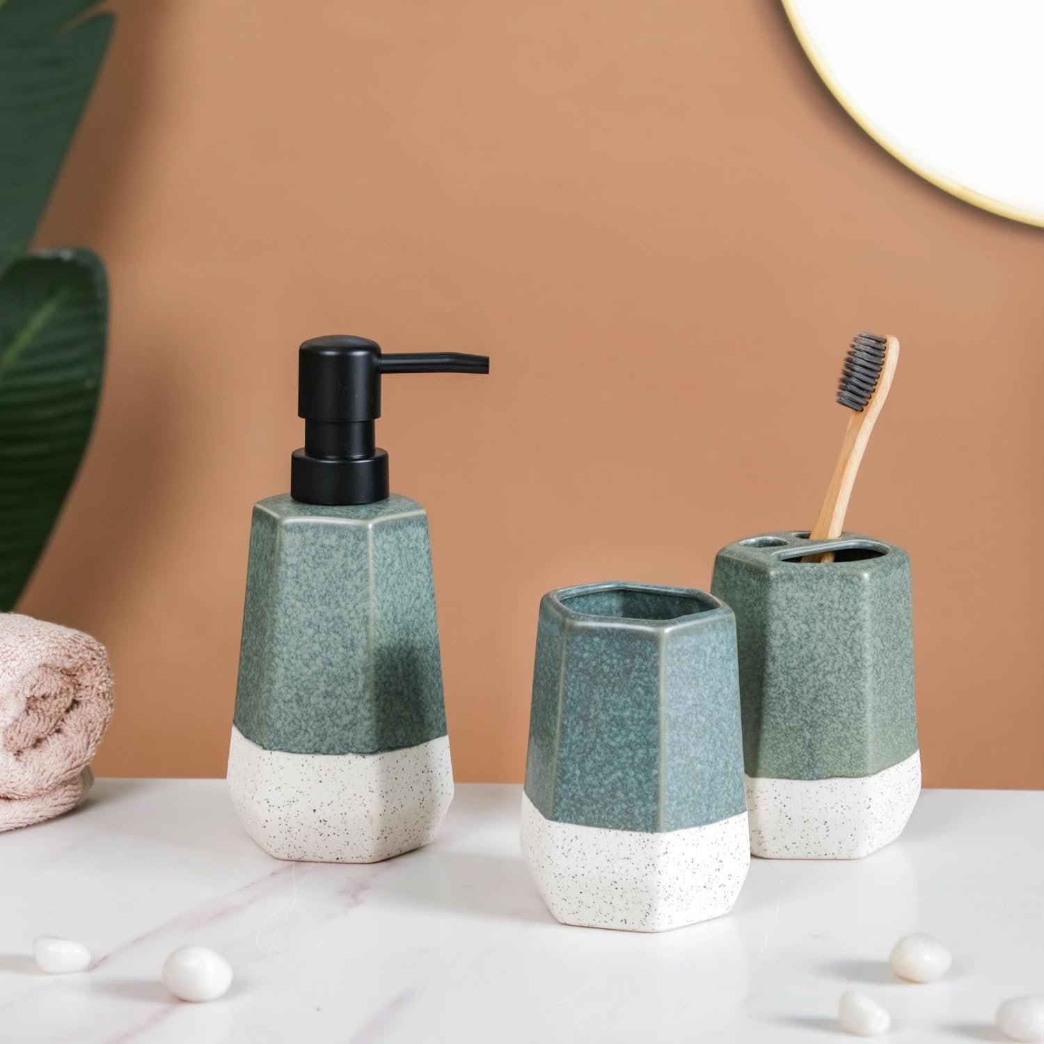 Nestasia Ceramic Bathroom Accessories Set of 3, 1 Soap Dispenser, 1 Segmented Toothbrush Holder & 1 Tumbler, Dual-Tone Stoneware Texture, Green & White (B0CL2BV4DQ) Amazon Price History, Amazon Price Tracker