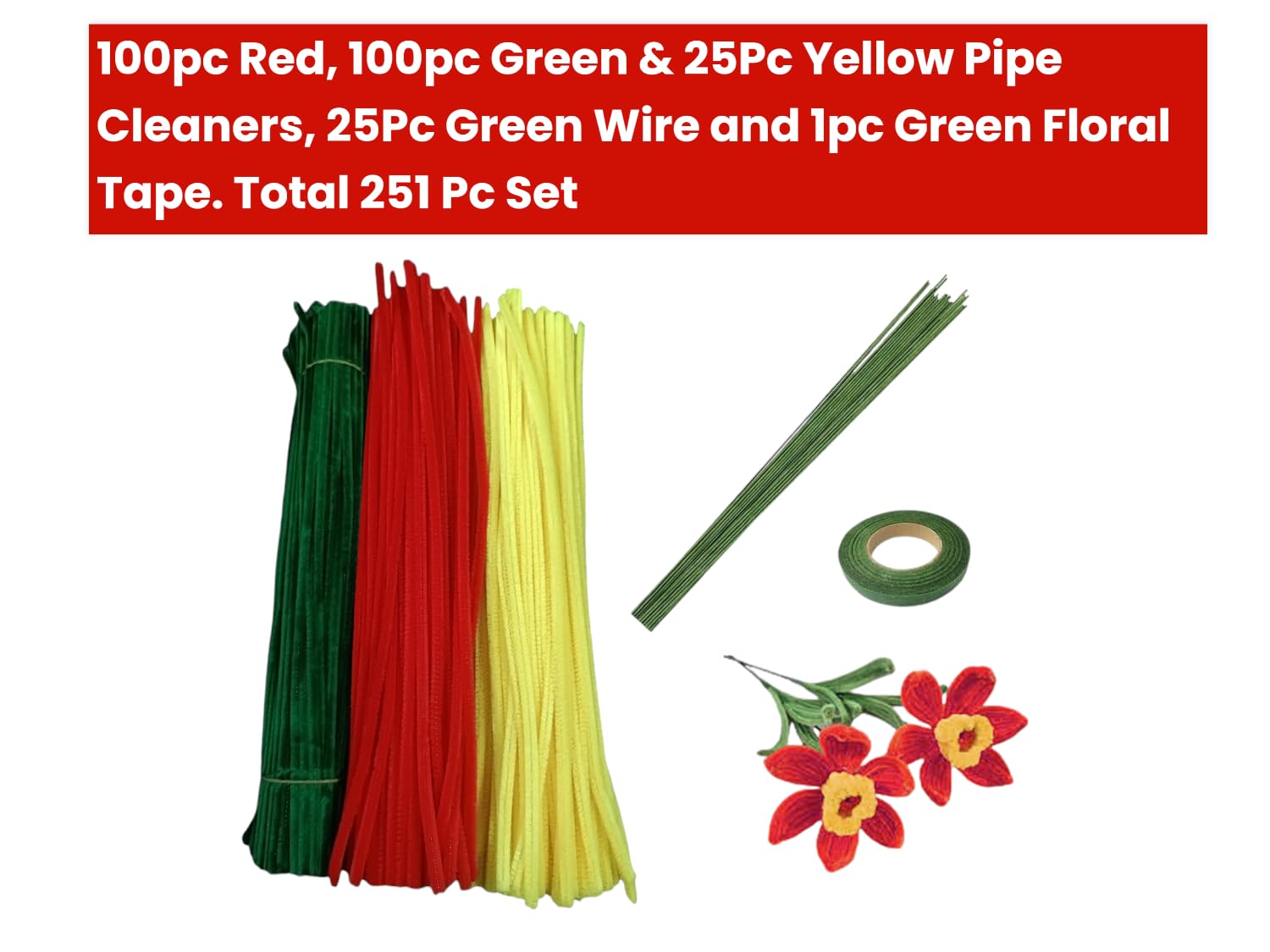 Pandeji 251pc Pipe Cleaners Flower Making Kit, Arts and Craft Supplies, Pipe Cleaners Chenille Stem with Green Wire & Floral Tape (100pc Red, 100pc Green, 25pc Yellow) 2