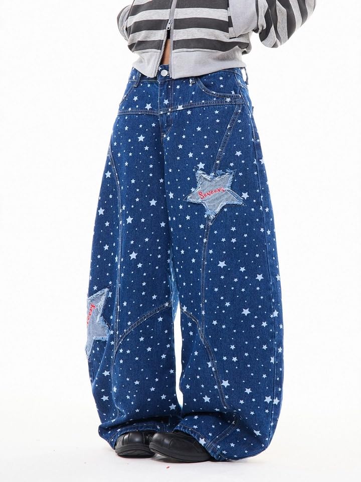 Unisex Y2k Vintage Star Patched Embroidery Print Jeans Hiphop Streetwear Grunge Distressed Baggy Wide Leg Denim Pants3