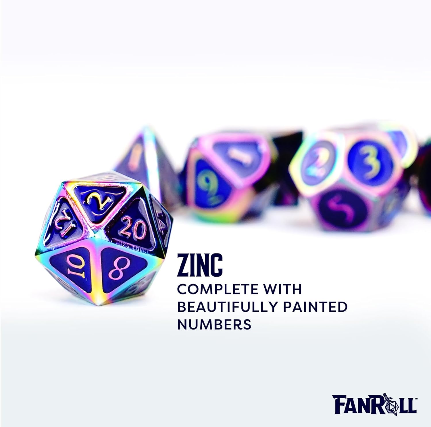 FanRoll 16mm Metal Polyhedral DND Dice Set: Rainbow w/Blue Enamel, Role Playing Game Dice for Dungeons and Dragons