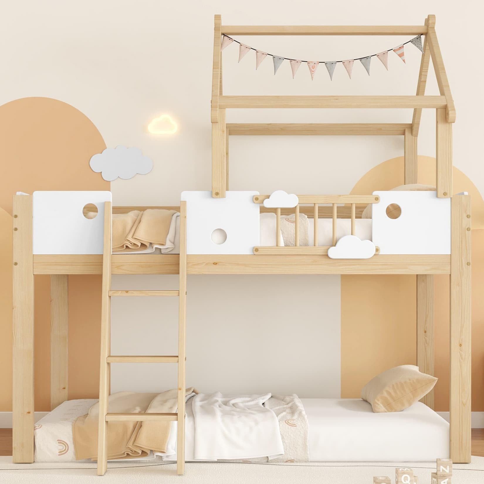 PUGSDRLY Lit Mezzanine Enfant 90x200cm avec Barrières,Lit Cabane Enfant avec échelle et Design Unique du Toit,Mi Hauteur,Cadre en Pin,Blanc+Naturel