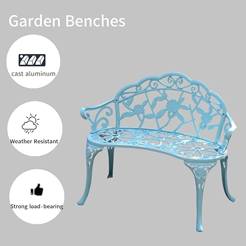 Miniatura 4 de KAILI Banco de jardín, rosa de aluminio metálico, adecuado para jardín, porche, parque, porche, balcón, al aire libre (azul claro)