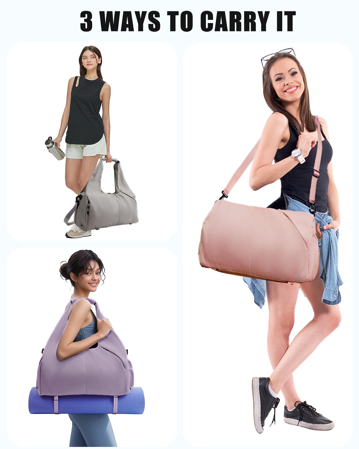 Sac De Sport Pour Femme Avec Compartiment à Chaussures, Sac De Tapis De Yoga Avec Poche Humide Et Porte-bouteille D'eau Sac De Week-end Avec Sangle, Violet, Sac De Sport