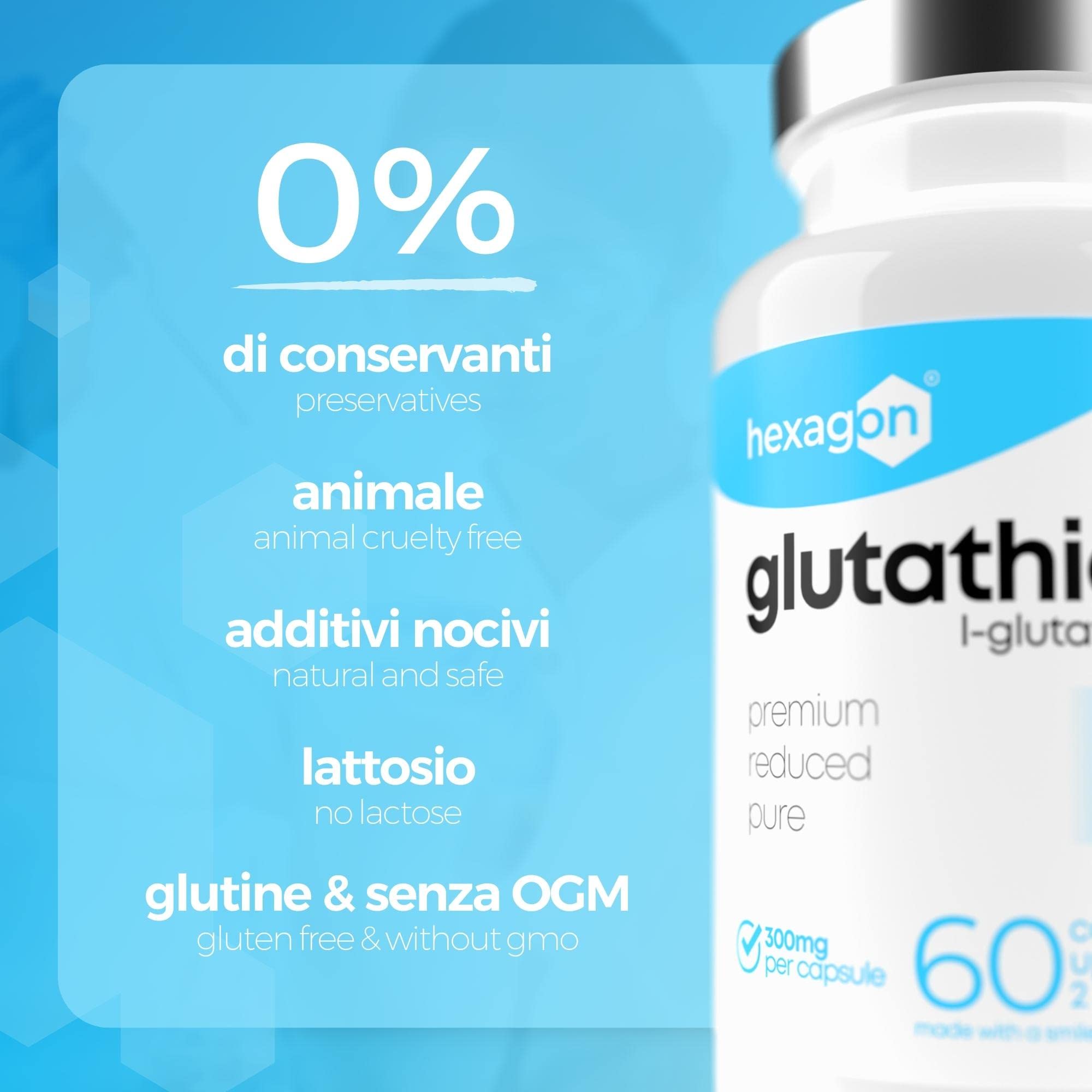 Glutatione 300mg - Cura di 2 Mesi - Forte, Ridotto & Attivo - L-Glutatione, Purifica la Pelle - Antiossidante e Disintossicante - 60 Capsule Vegetali - Vegan - Made in France - Hexagon