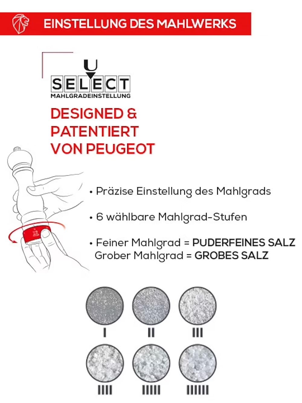 PEUGEOT - Salzmühle Paris u‘Select 30 cm - 6 voreingestellte Mahlgrade - Innovatives Zirlion-Mahlwerk für pulverfeines Salz - Aus PEFC-zertifiziertem Holz - Französisches Know-how - Weiß lackiert